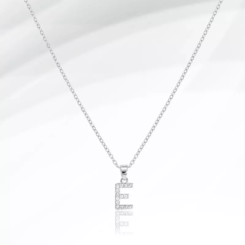 -E- Stainless Steel CZ Stone Paved Initial Monogram Pendant Necklace Silver