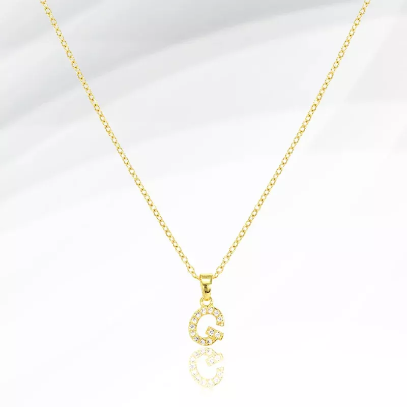 -G- Stainless Steel CZ Stone Paved Initial Monogram Pendant Necklace Gold